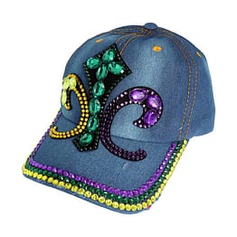 Bling Studded Mardi Gras Fleur de Lis Baseball Cap Multi
