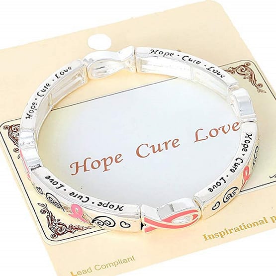 "Hope, Cure, Love" Pink Ribbon Symbol Charm Stretch Bracelet - Image 3