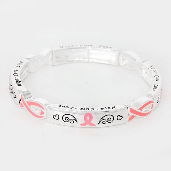"Hope, Cure, Love" Pink Ribbon Symbol Charm Stretch Bracelet - Image 2