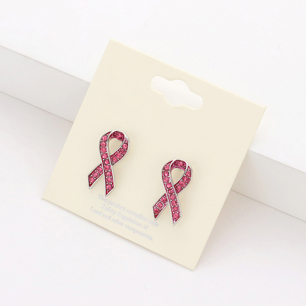 Pink Crystal Breast Cancer Ribbon Post Earrings