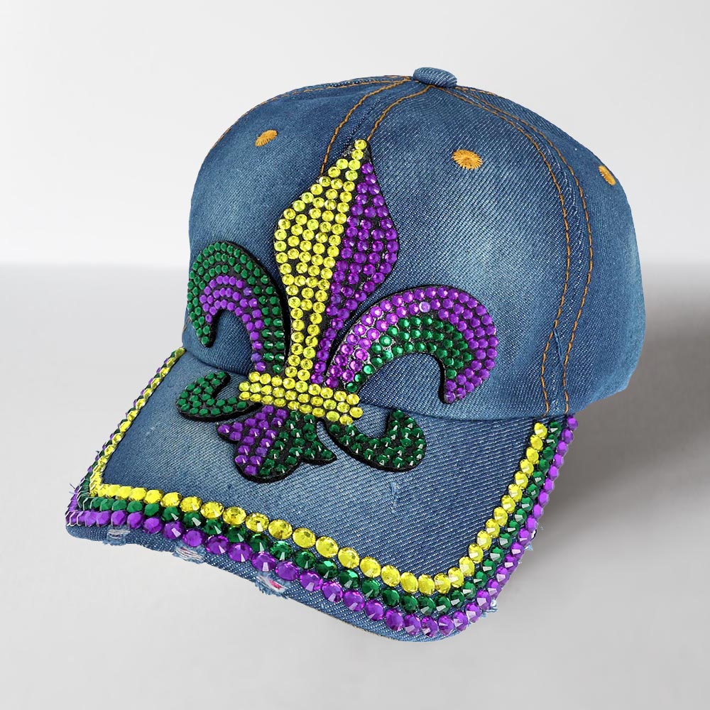 Mardi Gras Fleur de Lis Bling Studded Baseball Cap Multi - Image 2
