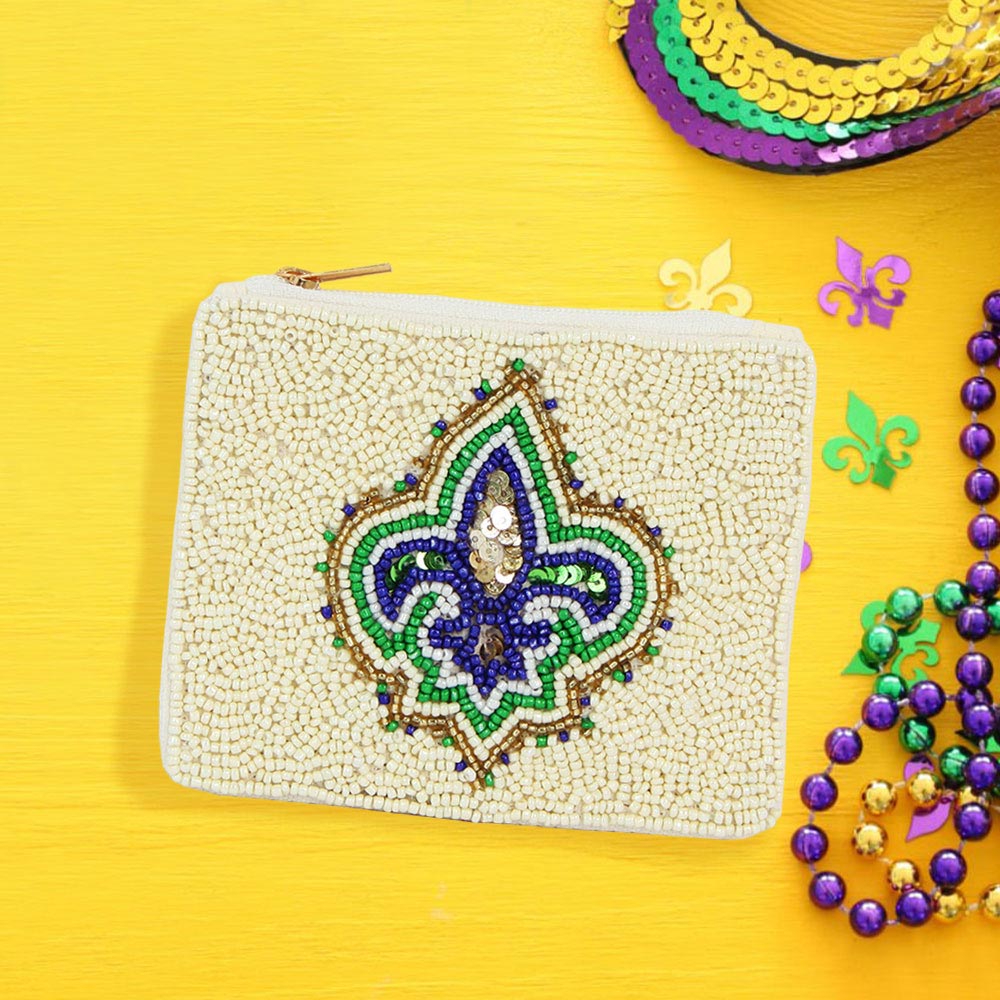 Fleur De Lis Mardi Gras Seed Beaded Mini Pouch Bag - Image 2