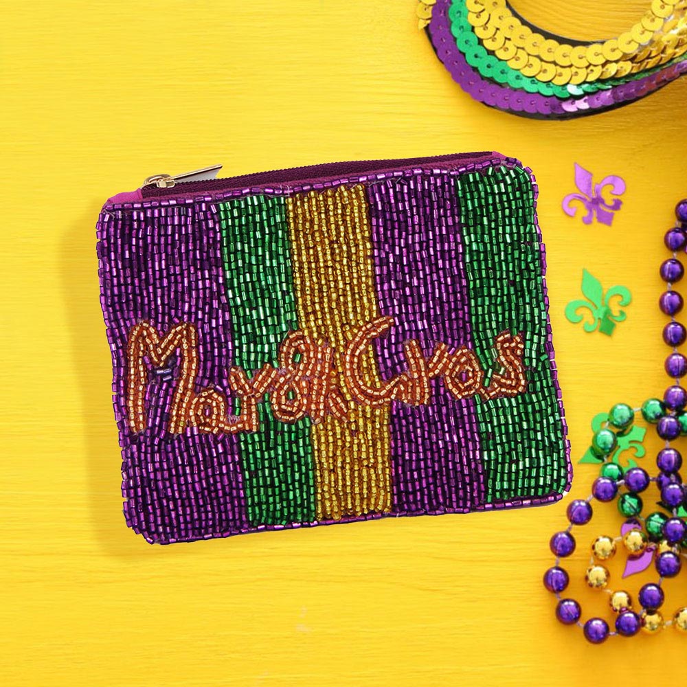 MARDI GRAS Message Seed Beaded Mini Pouch Bag - Image 2