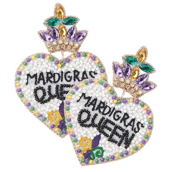 Felt Back Mardi Gras Queen Message Beaded Dangle Earrings
