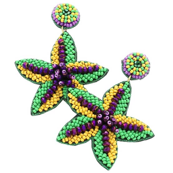 Mardi Gras Seed Beaded Starfish Dangle Earrings