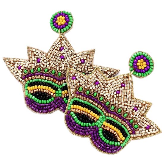 Felt Back Mardi Gras Mask Beaded Dangle Earrings