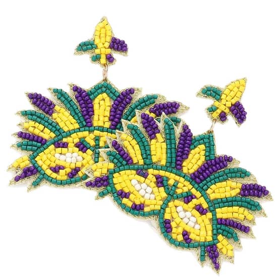 Felt Back Seed Beaded Mardi Gras Mask Dangle Earrings