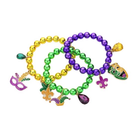Mardi Gras Enamel Fleur de Lis Mask Stone Charm Multi Layered Stretch Bracelet - Image 2