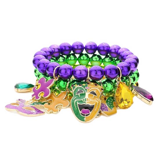 Mardi Gras Enamel Fleur de Lis Mask Stone Charm Multi Layered Stretch Bracelet