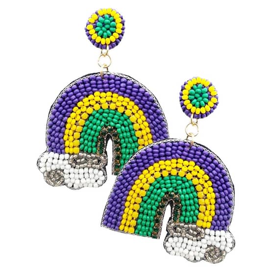 Mardi Gras Felt Back Seed Beaded Rainbow Dangle Earrings