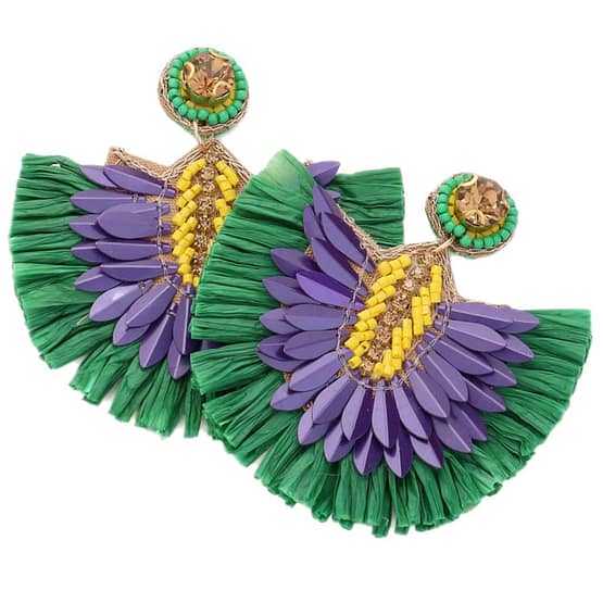 Mardi Gras Stone Pointed Raffia Fan Dangle Earrings