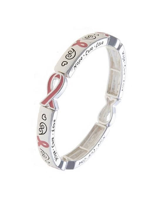 "Hope, Cure, Love" Pink Ribbon Symbol Charm Stretch Bracelet