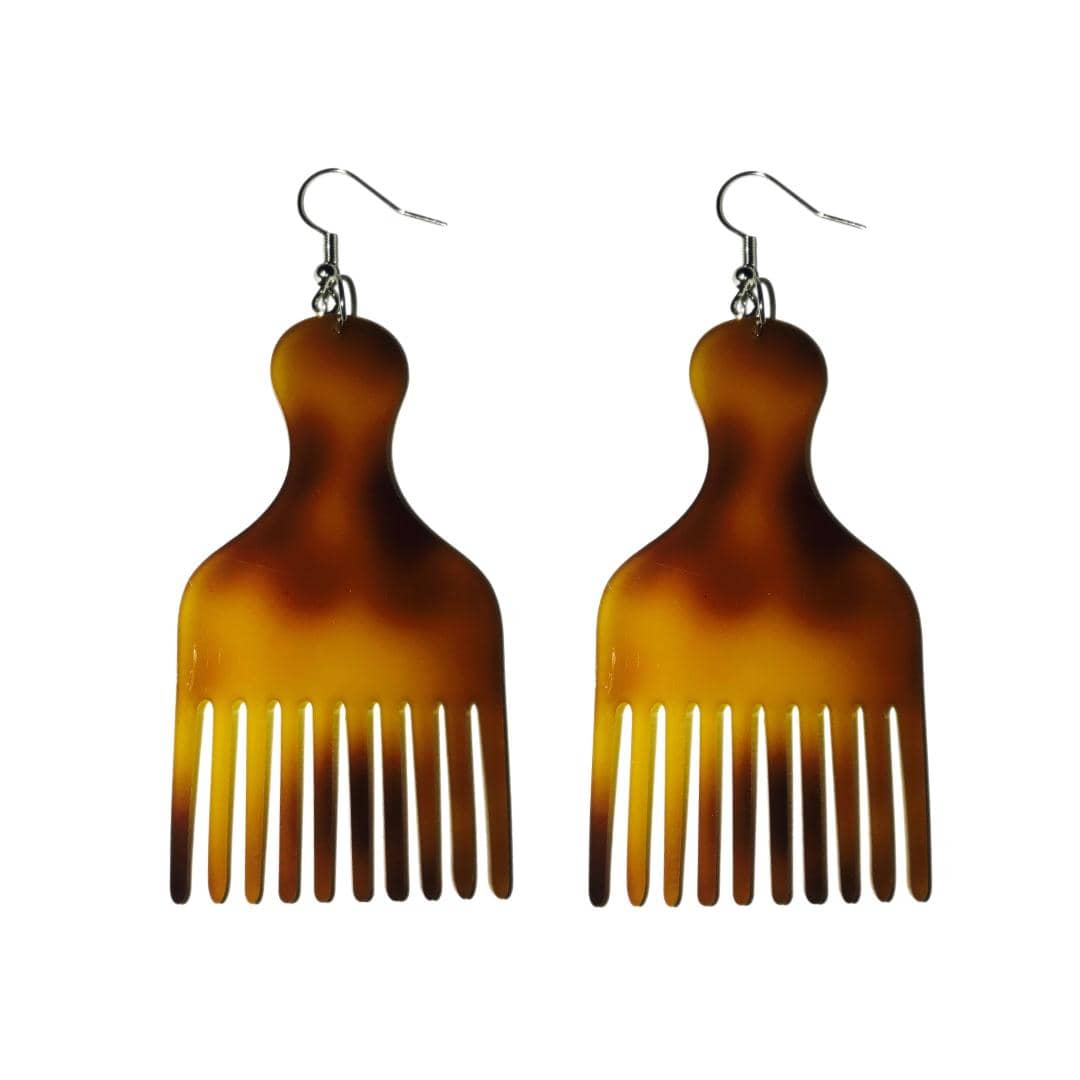 wooden afro pick earrings